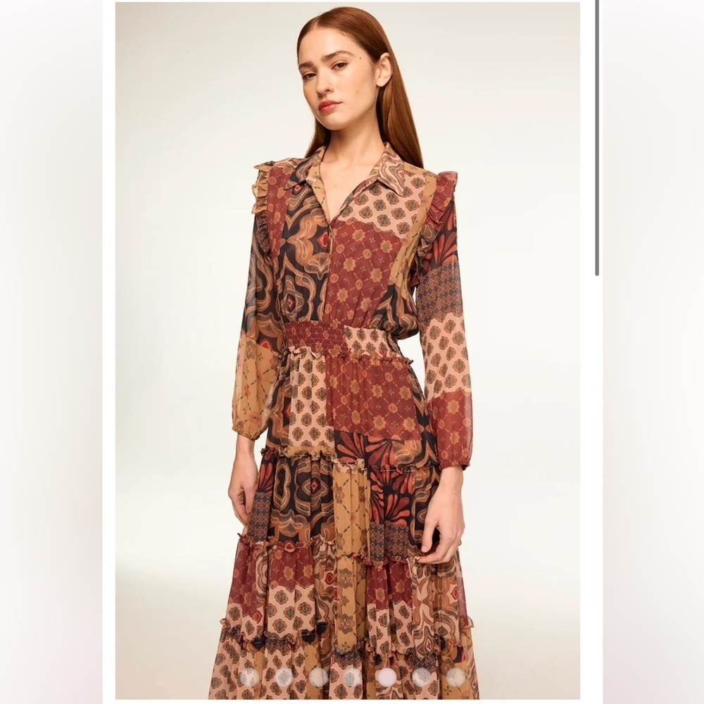 Misa Brown Tan Patchwork Long Sleeve Ahreana Dres… - image 2